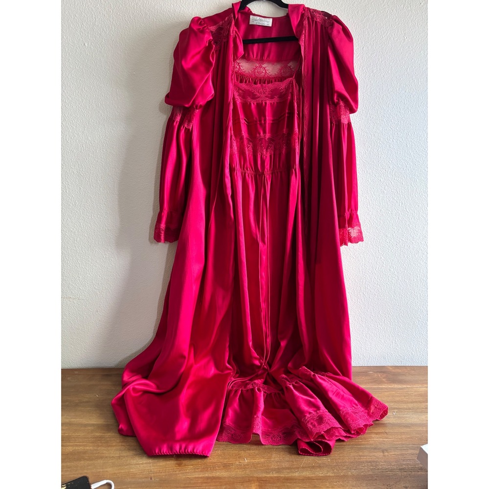 Vintage 80s Blanche by Ralph Montenero Romantic Lacy Set Gown Nightgown Robe Red